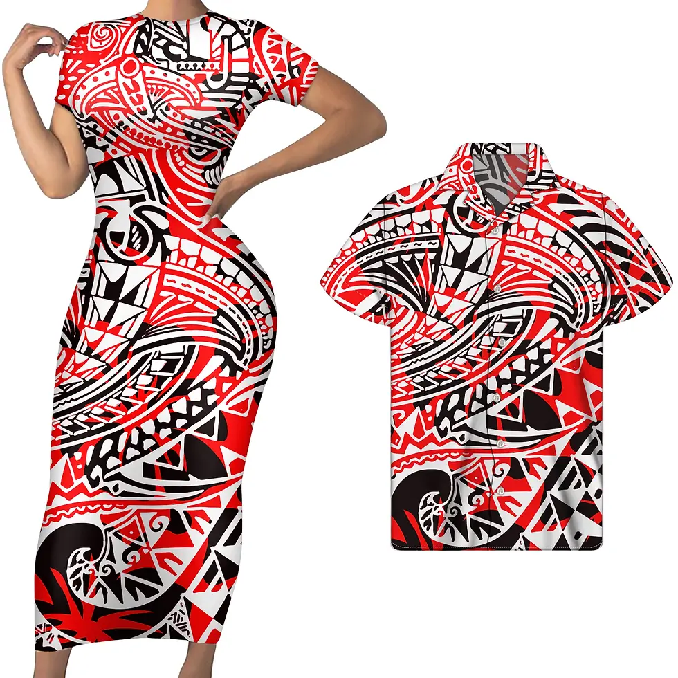 Thumbnail: Polynesian Pattern Maxi Short Sleeve for Women and Shirt for men Two Piece Set