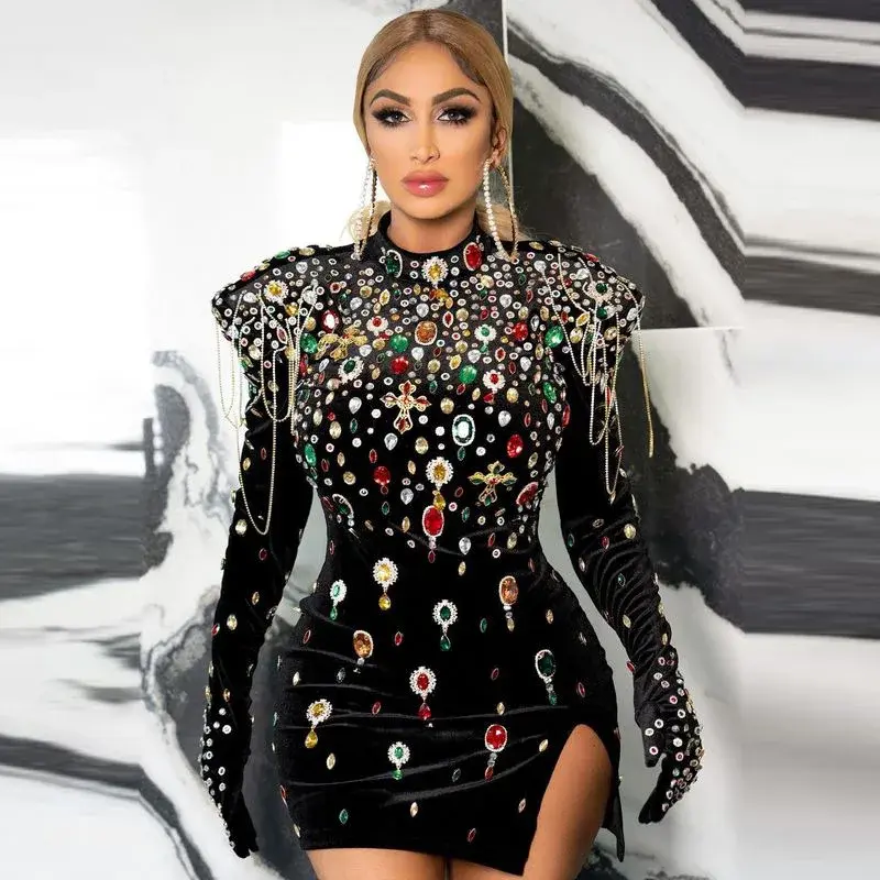 Thumbnail: Clubwear Women Diamond Partywear Long Sleeve With Glove Cocktail Dresses