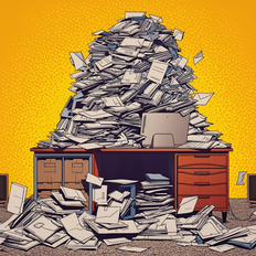 An illustrated image of a desk that is overflowing with content, letters and papes.