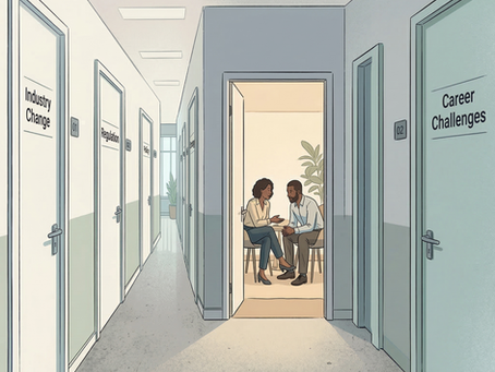 A 1:1 editorial illustration of a modern office hallway with muted tones. Several closed doors are labeled "Industry Change," "Regulation," and "Career Challenges." One door is open, casting a warm light into the hallway and revealing two professionals engaged in a thoughtful, calm conversation. The image represents the podcast as an "open door" to candid, high-value dialogue.