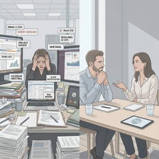 Two contrasting scenes: A stressed person overwhelmed by urgent messages on the left side, while on the right, a calm conversation in a minimalist office. Balancing work stress.