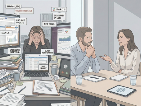 Two contrasting scenes: A stressed person overwhelmed by urgent messages on the left side, while on the right, a calm conversation in a minimalist office. Balancing work stress.