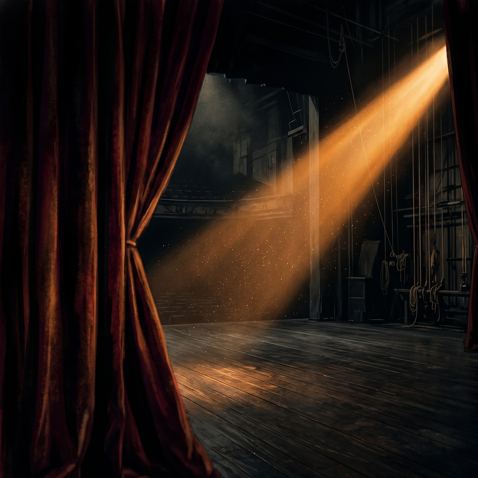 A painterly, atmospheric view from a backstage angle, with a large, deeply draped red velvet curtain on the left partially open. A powerful, warm golden spotlight beam cuts diagonally across the dark, worn wooden stage floor from the upper right, filled with illuminated, floating dust motes. In the shadowy background beyond the light, ropes, fly lines, and other backstage equipment are visible. The overall mood is dramatic and expectant.