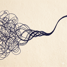 An abstract editorial illustration on a textured, warm ivory paper background. On the left, a dense, tangled cluster of dark ink lines represents a mass of chaotic threads. Moving toward the right, the lines gradually untangle and weave together, smoothly converging into a single, clear, and focused path that curves elegantly across the page.