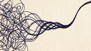 An abstract editorial illustration on a textured, warm ivory paper background. On the left, a dense, tangled cluster of dark ink lines represents a mass of chaotic threads. Moving toward the right, the lines gradually untangle and weave together, smoothly converging into a single, clear, and focused path that curves elegantly across the page.