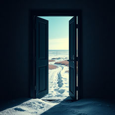 Open door revealing snow-covered path leading to a vast, snowy landscape under a clear blue sky; serene and inviting scene.