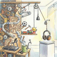 A whimsical watercolor illustration of a complex Rube Goldberg machine featuring gears, a mouse on a treadmill, and various pipes that transition into a simple, elegant pulley system presenting a pair of premium wood-accented headphones on a white pedestal.