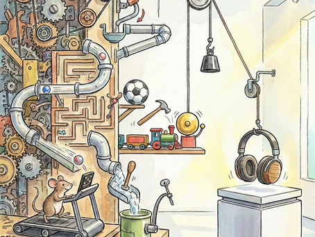 A whimsical watercolor illustration of a complex Rube Goldberg machine featuring gears, a mouse on a treadmill, and various pipes that transition into a simple, elegant pulley system presenting a pair of premium wood-accented headphones on a white pedestal.