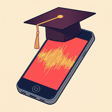 A smartphone displays a yellow sound wave on a red screen, topped with a graduation cap against a light beige background.