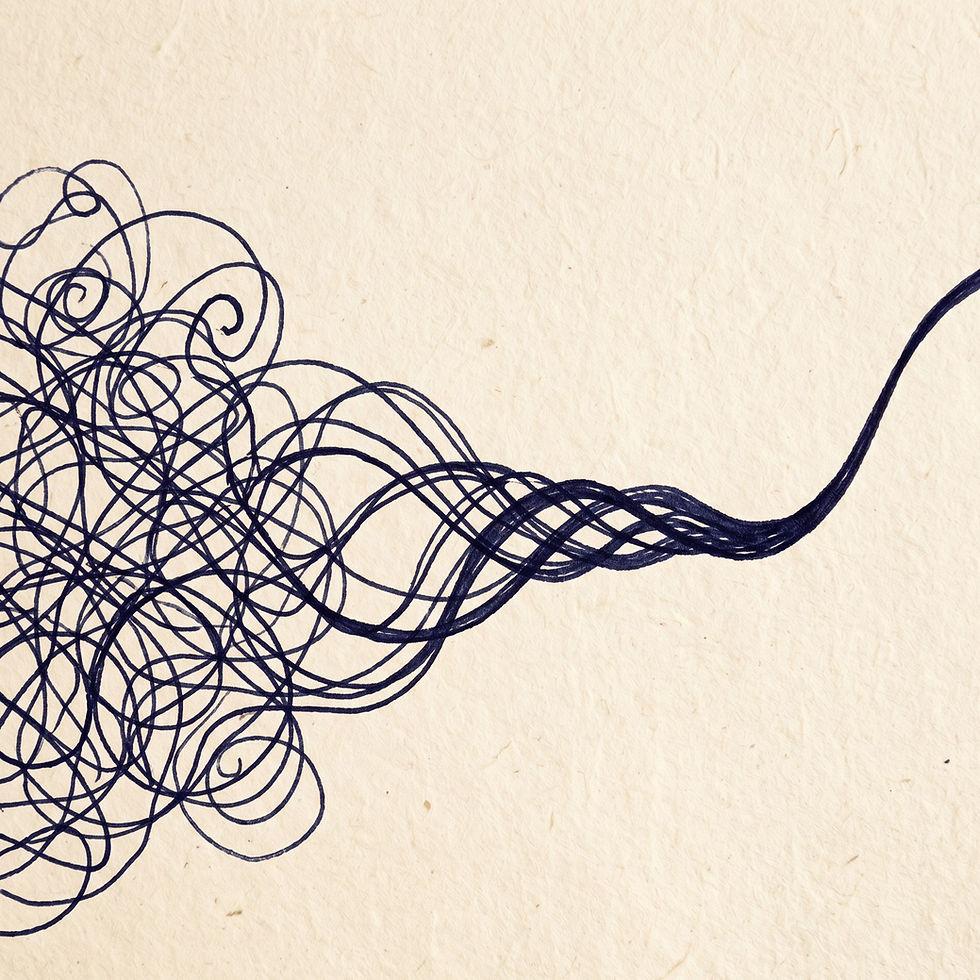 An abstract editorial illustration on a textured, warm ivory paper background. On the left, a dense, tangled cluster of dark ink lines represents a mass of chaotic threads. Moving toward the right, the lines gradually untangle and weave together, smoothly converging into a single, clear, and focused path that curves elegantly across the page.