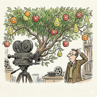 A New Yorker-style cartoon illustration featuring a vintage film camera on a tripod with a leafy tree growing directly out of its lens. The tree is laden with various fruits—apples, pears, and oranges—each marked with a circular "play" button icon. To the right, a man in a tweed jacket and glasses scratches his head in bewilderment as he looks at the camera-tree. The background suggests an office or study with bookshelves and stray film reels.
