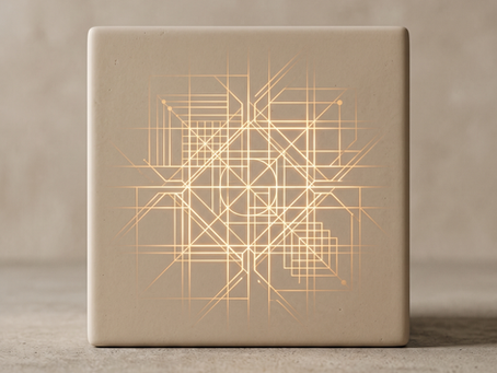 A 1:1 abstract editorial photograph of a minimalist matte beige ceramic cube, where a hidden light reveals an intricate, glowing golden geometric network beneath the surface, symbolizing the hidden complexity and blueprint of a strategy.