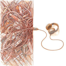 An image with a split screen - on the left are a bunch of tangled cords and on the right is a single cord leading to a pair of headphones on a clean background. Messy vs clear.