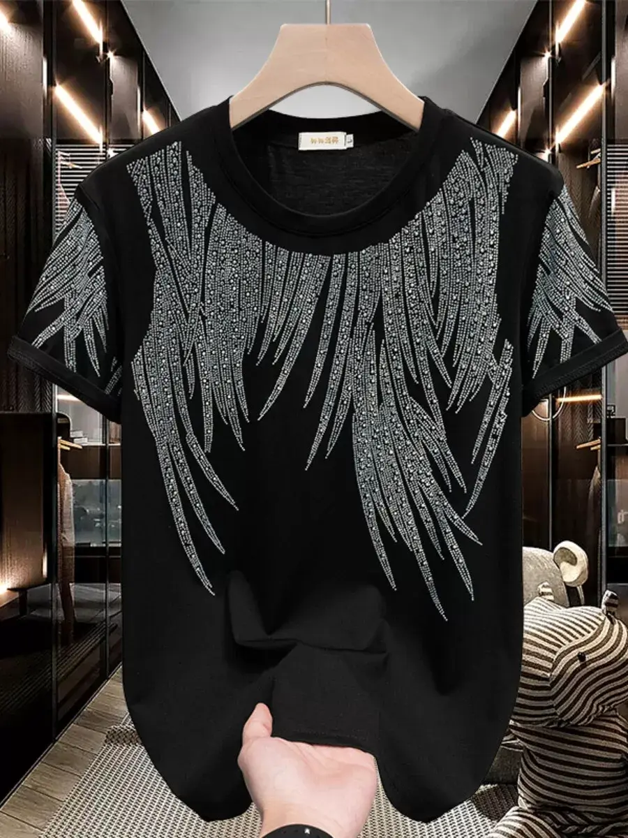 New Men Luxury Diamond Rhinestones Fashion Black White T-Shirt High Quality