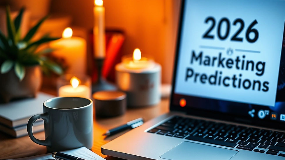 Laptop showing "2026 Marketing Predictions" on screen, surrounded by lit candles, a mug, notepad, pen, and a plant on a cozy desk.