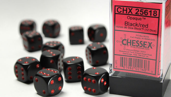 Opaque 16mm d6 Black/red Dice Block™ (12 dice)