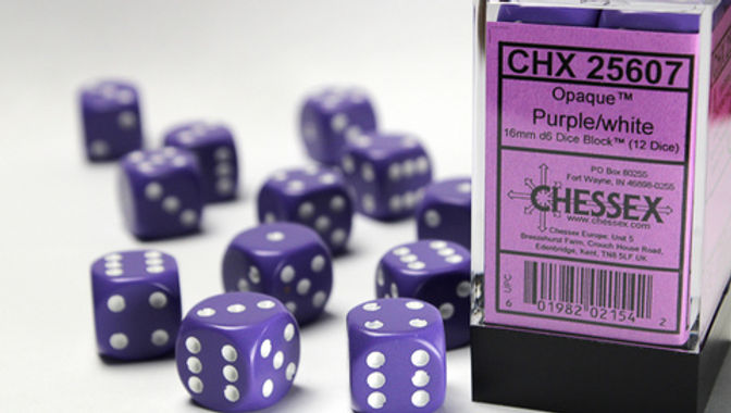 Opaque 16mm d6 Purple/white Dice Block™ (12 dice)