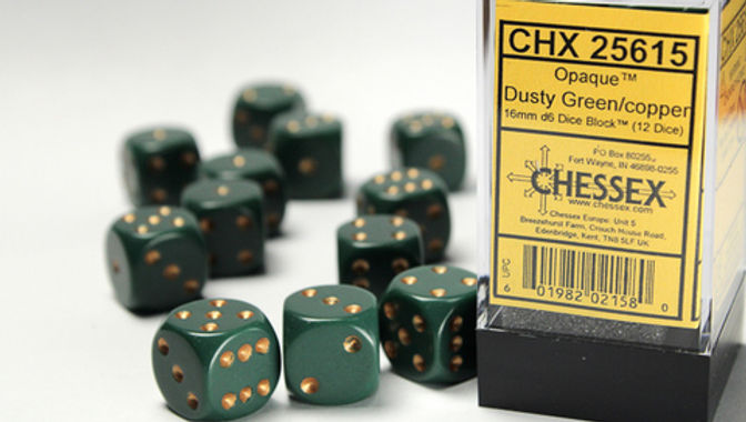 Opaque 16mm d6 Dusty Green/copper Dice Block™ (12 dice)