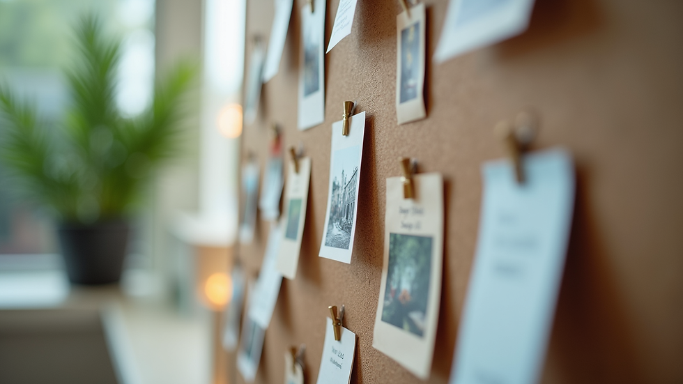 Close-up view of a vision board with pictures and notes