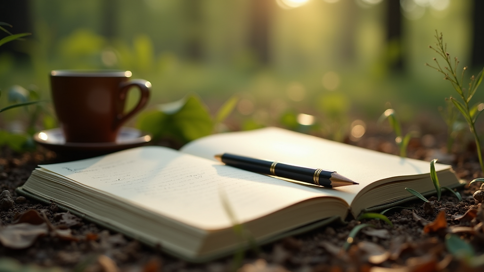 Close-up view of a writing journal surrounded by nature