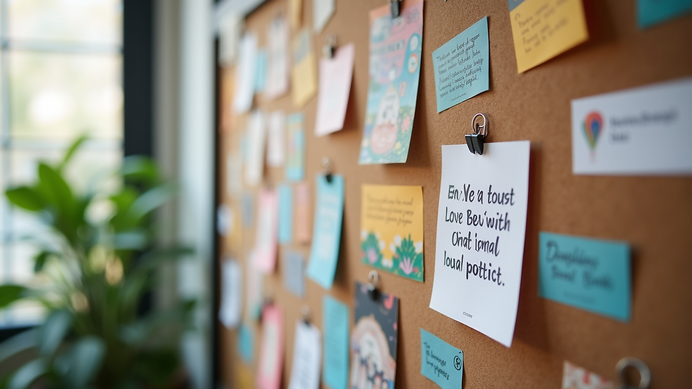 Close-up view of a vision board with colorful images and motivational quotes