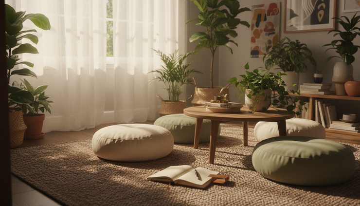 Wide-angle view of a peaceful meditation corner with cushions, plants, and soft sunlight.