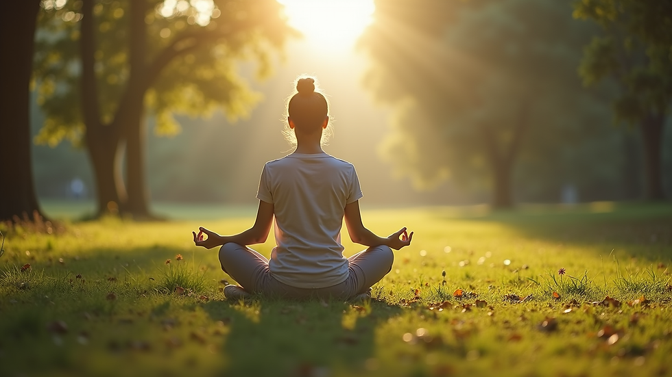 Eye-level view of a person meditating in a peaceful natural setting
