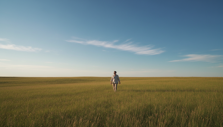 Wide-angle view of a person walking alone through a peaceful field under a bright sky.
