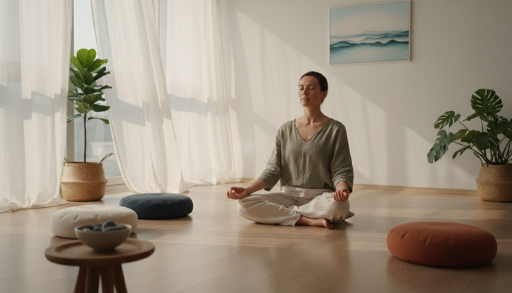 Eye-level view of a person meditating on a quiet wooden floor with soft afternoon light