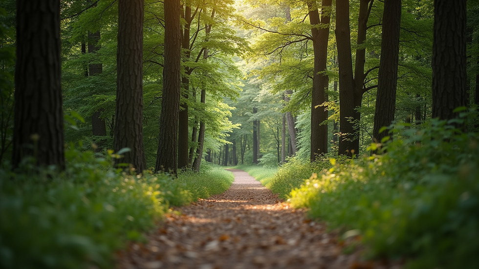 Eye-level view of a pathway through a tranquil forest