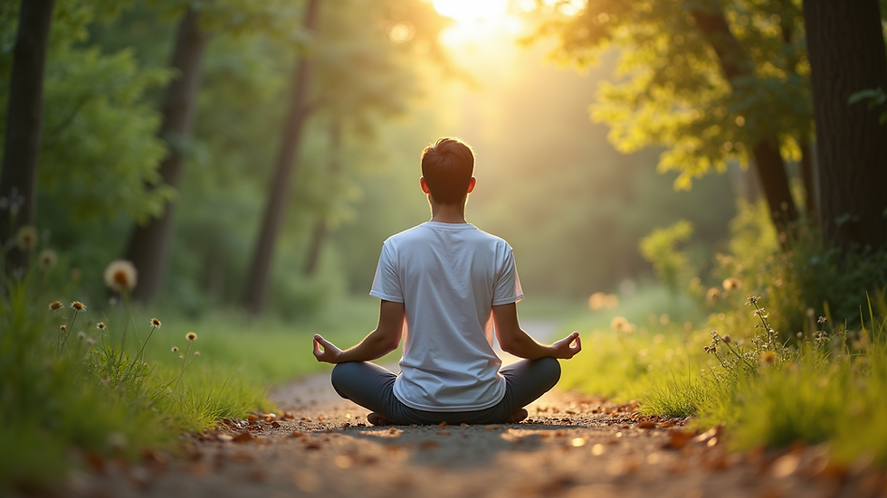 Eye-level view of a person meditating in a peaceful natural setting