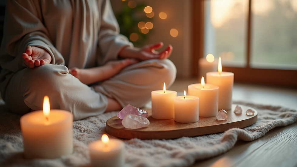High angle view of a peaceful meditation space with candles and crystals