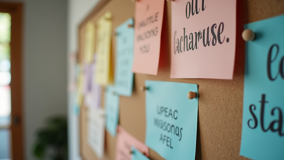Close-up view of a vision board with colorful images and motivational words