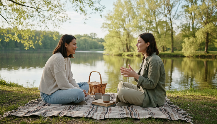 Eye-level view of two friends sitting on a blanket beside a lake and talking calmly.
