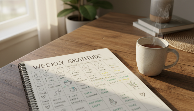 Overhead view of a handwritten weekly gratitude tracker with small sketches and colored marks.