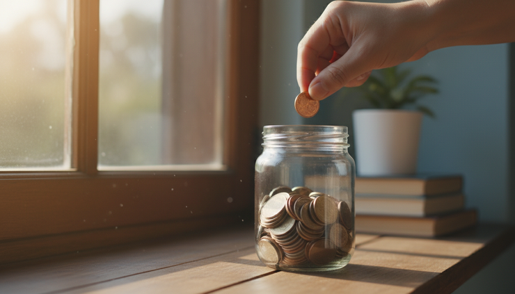Close-up of a hand placing a small coin into a clear glass jar on a windowsill.