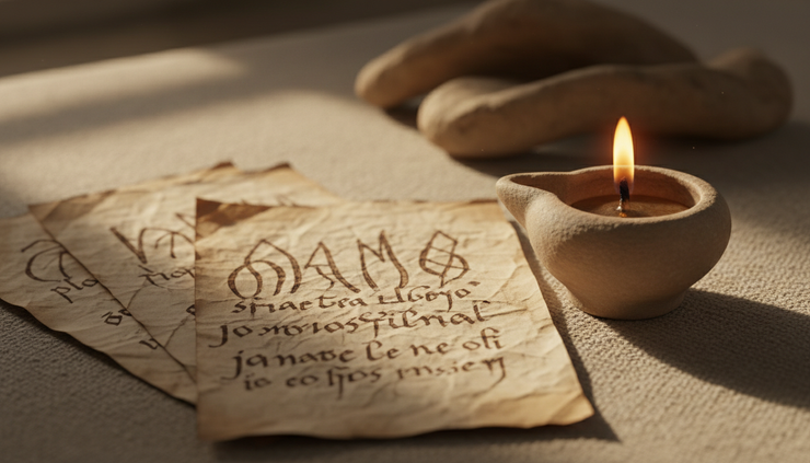 Close-up view of handwritten prayers beside a small clay oil lamp.