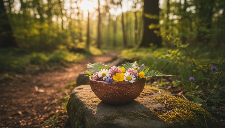 Eye-level view of a small offering bowl with flowers near a forest path.
