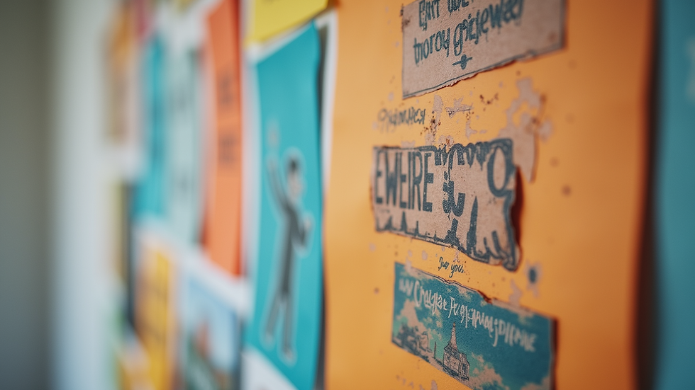 Close-up view of a colorful vision board with inspirational images