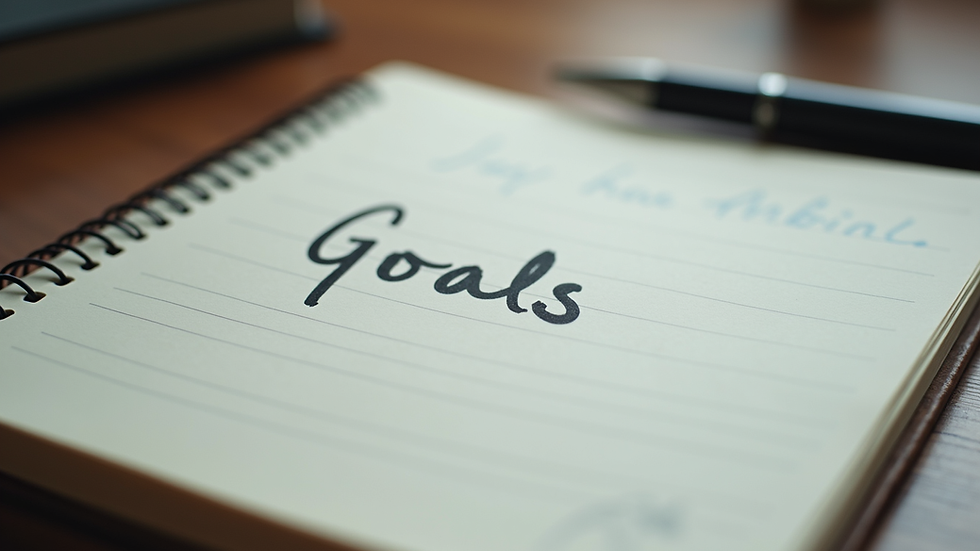 Eye-level view of a journal with handwritten goals and a pen