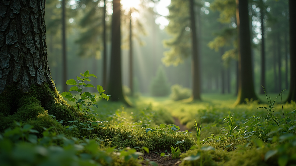 Close-up view of a Scandinavian forest with lush greenery