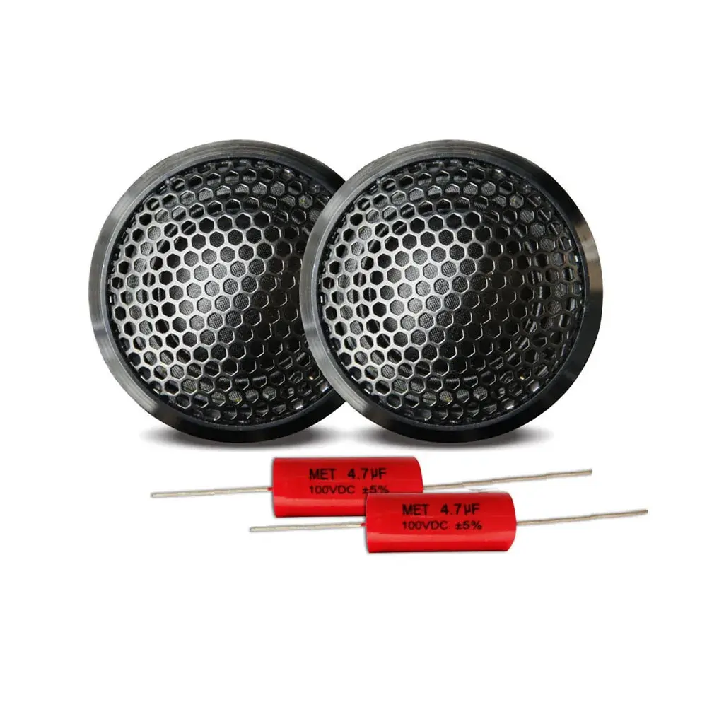 Pair of car audio tweeters and capacitors