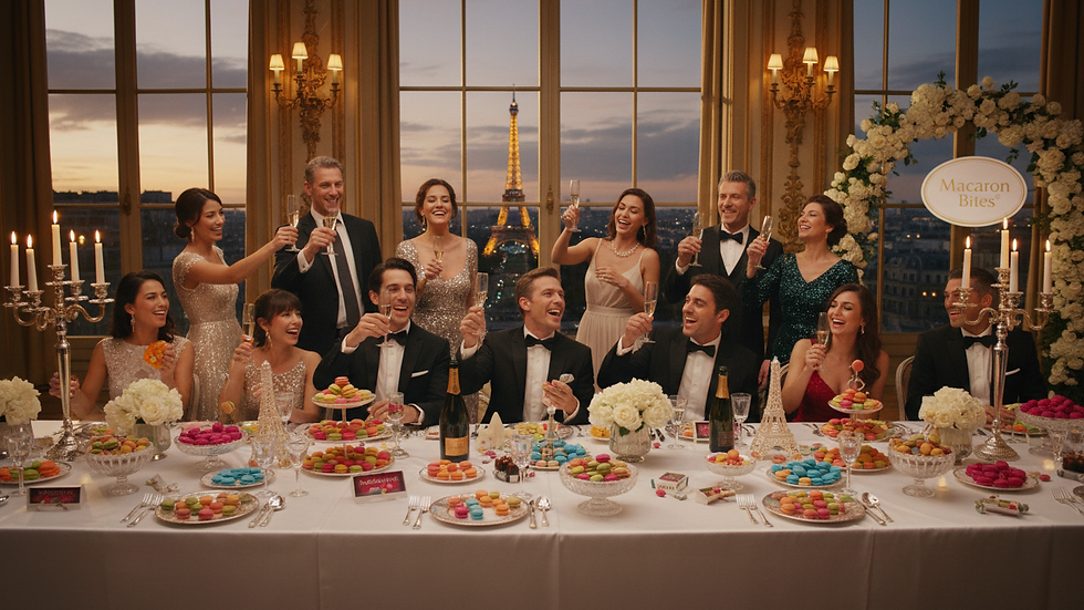 Eye-level view of a birthday party table decorated with Macaron Bites® in bright colors