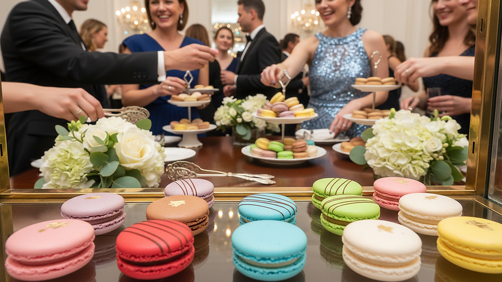Close-up view of colorful macarons arranged in a display case