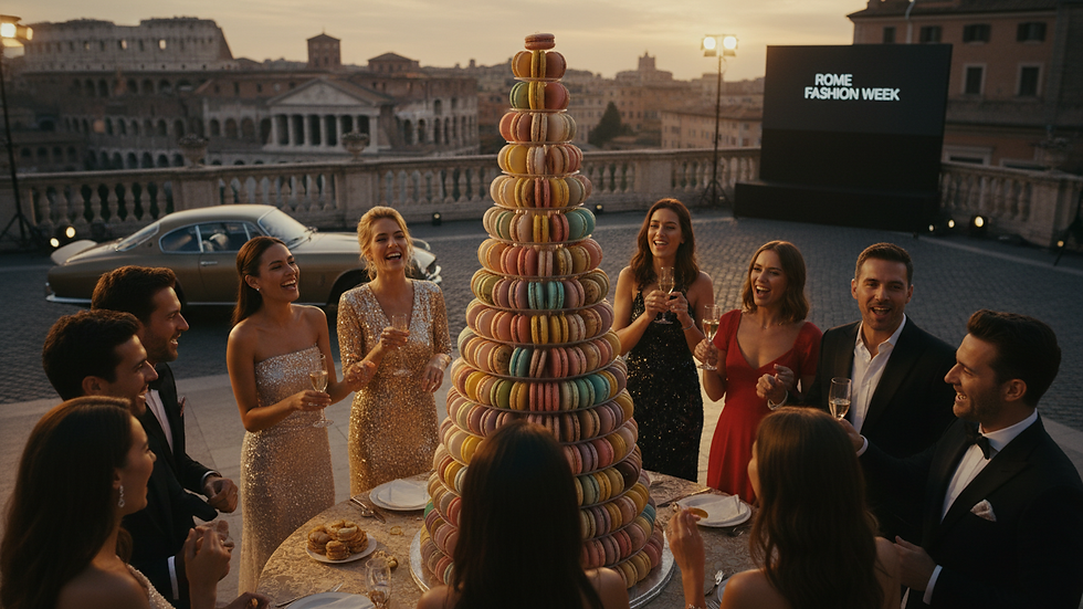 High angle view of a macaron tower centerpiece with assorted flavors