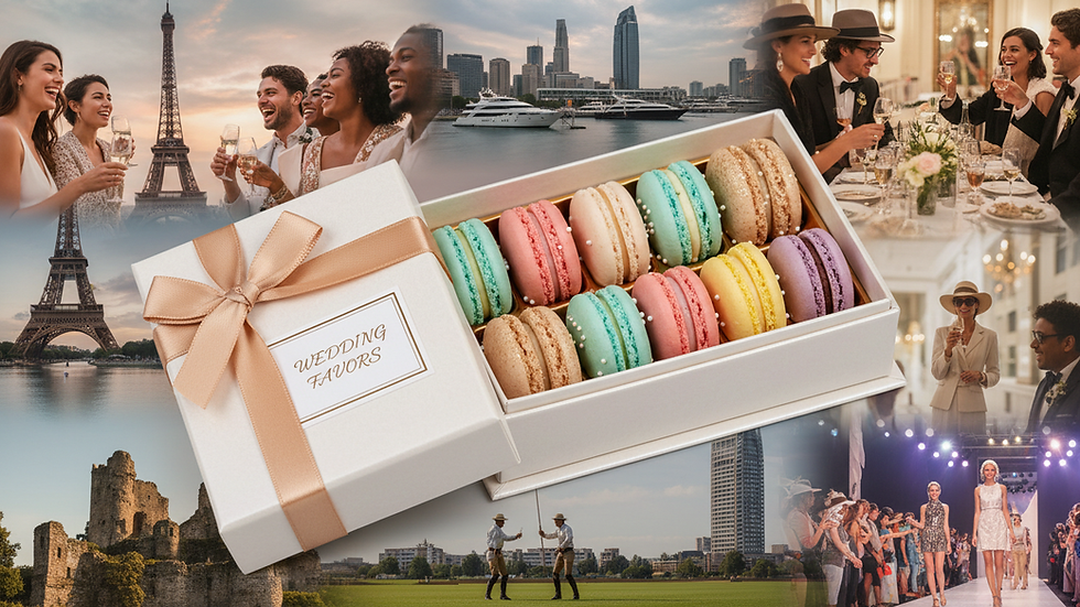 Close-up view of pastel-colored Macaron Bites® arranged in a wedding gift box