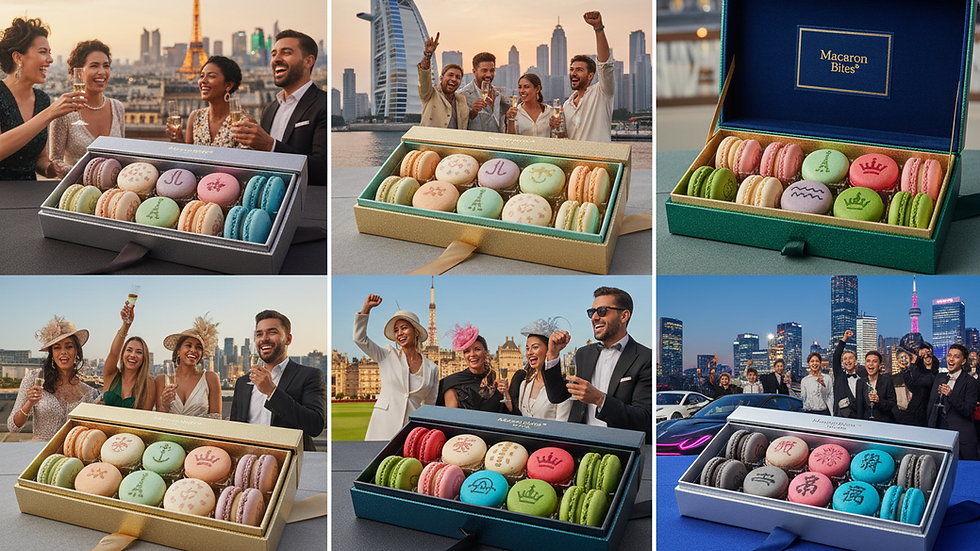 Close-up view of assorted Macaron Bites® in pastel colors arranged in a gift box
