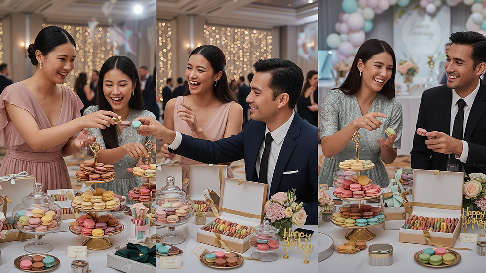 Eye-level view of assorted macarons in elegant packaging ready for sale