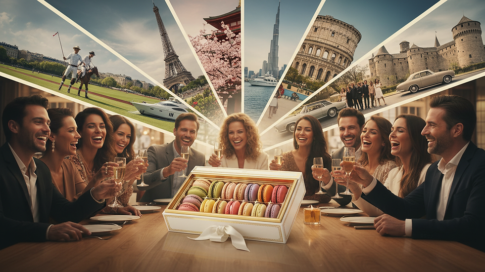 Eye-level view of a luxury macaron gift set with pastel colors