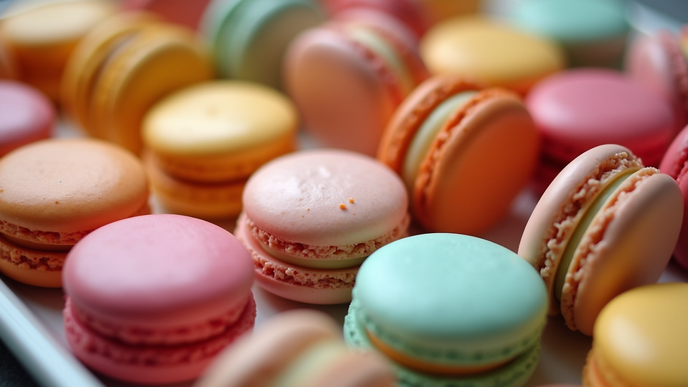 Close-up view of colorful French macarons arranged in bulk